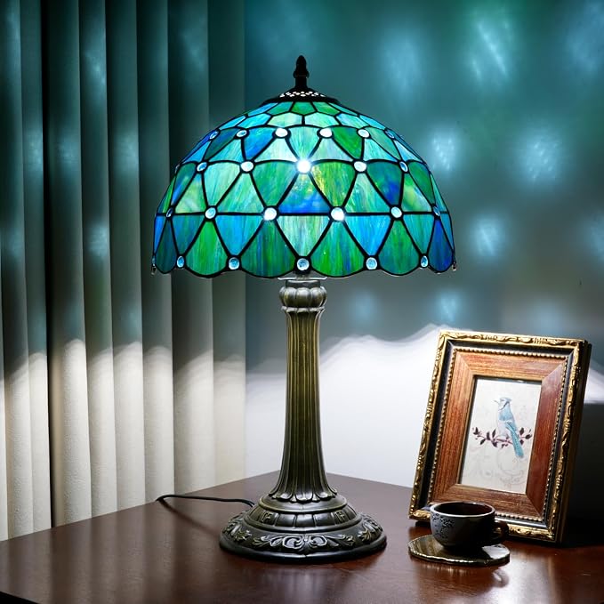 Tiffany Lamp Stained Glass Table Lamp 12X12X18 Inches Sea Blue Style Living - Image 3
