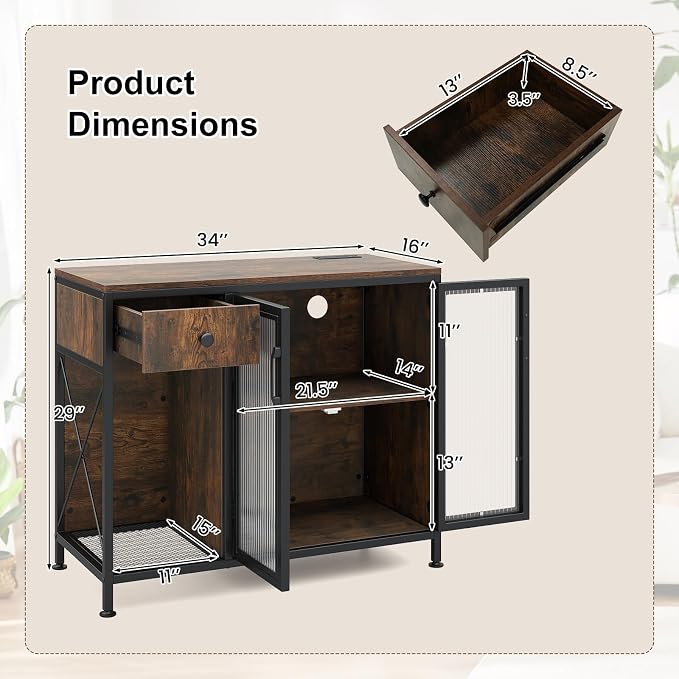 Giantex Buffet Sideboard with Power Outlets and LED Light, Industrial Kitchen - Image 3