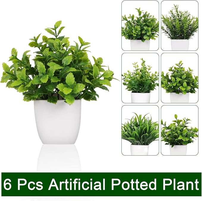 Yoratee 6 Pot Small Fake Plant Flowerpot Artificial Plastic Eucalyptus Plant - Image 3
