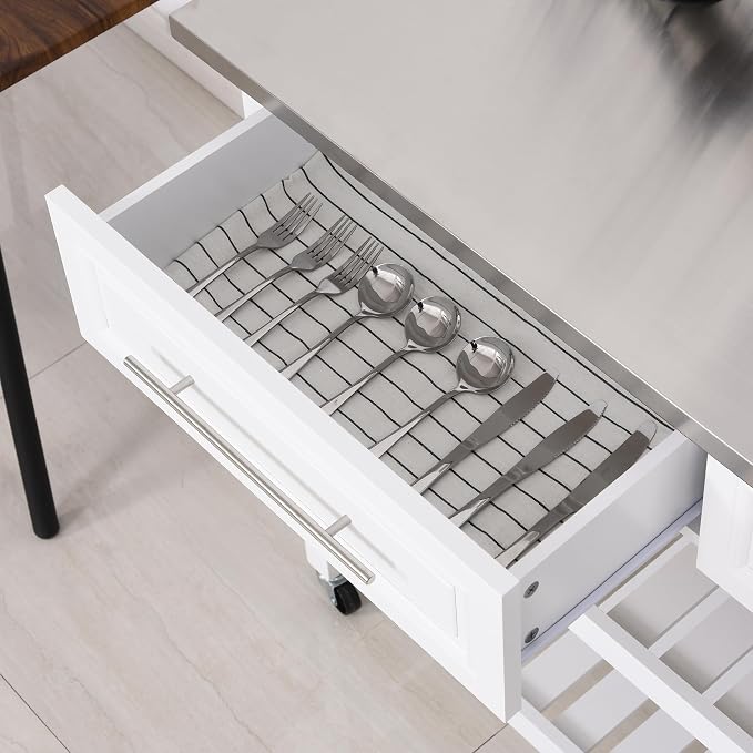 Kitchen Island on Wheels with Stainless Steel Top, Serving & Storage, Farmhouse - Image 7