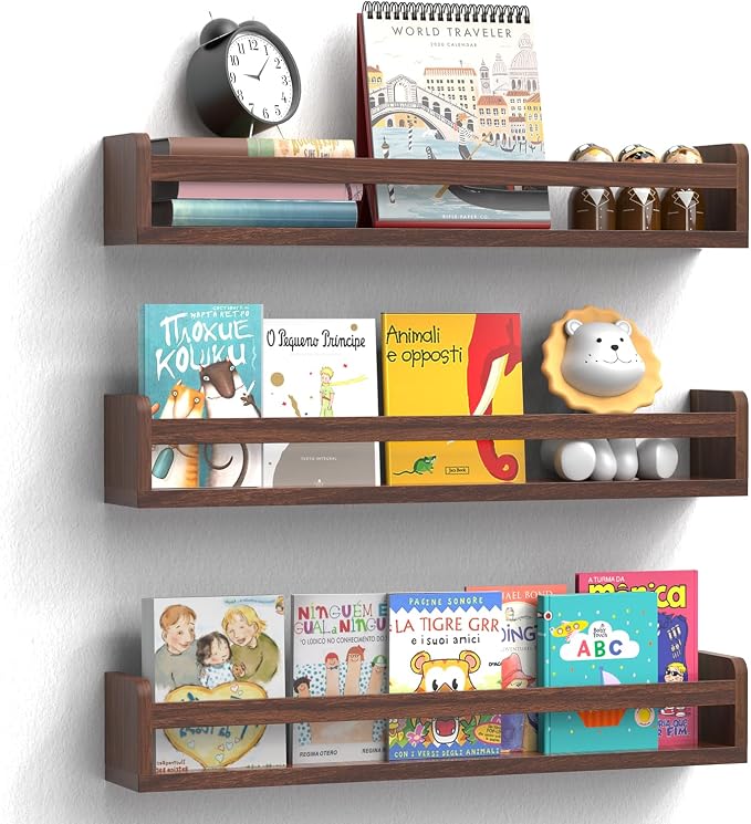 Floating Wall Nursery Book Shelves, 23.6 Inch, Walnut Color, Wall Mounted by Smallfurnitureandhomedecor