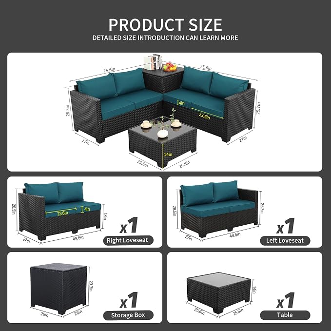WAROOM Patio Furniture Set 4 Piece Conversation Sets Black Rattan Outdoor Couch - Image 3