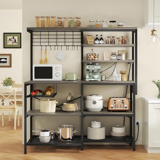 L-Shaped Bakers Rack with Power Outlet, 6-Tier Microwave Stand with Storage - Image 7