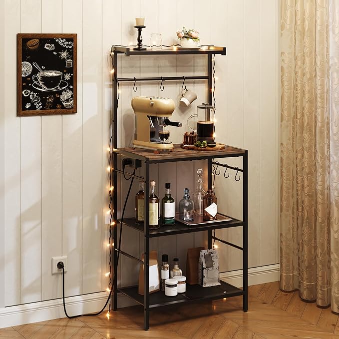 MAHANCRIS Bakers Rack with Power Outlet, Kitchen Storage Shelf with 6 Hooks - Image 2