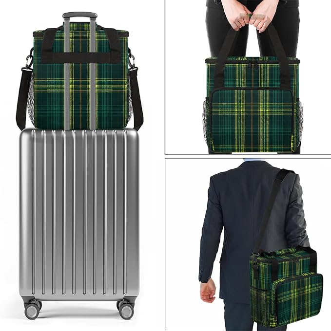 Green Plaid Coffee Maker Carring Bag, Large Insulated Storage Organizer Case - Image 7