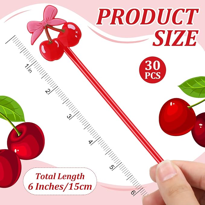 Reallnaive 30 Pcs Cherry Bow Drink Stirrers 6 Inch Pink Red Coquette Bow - Image 2