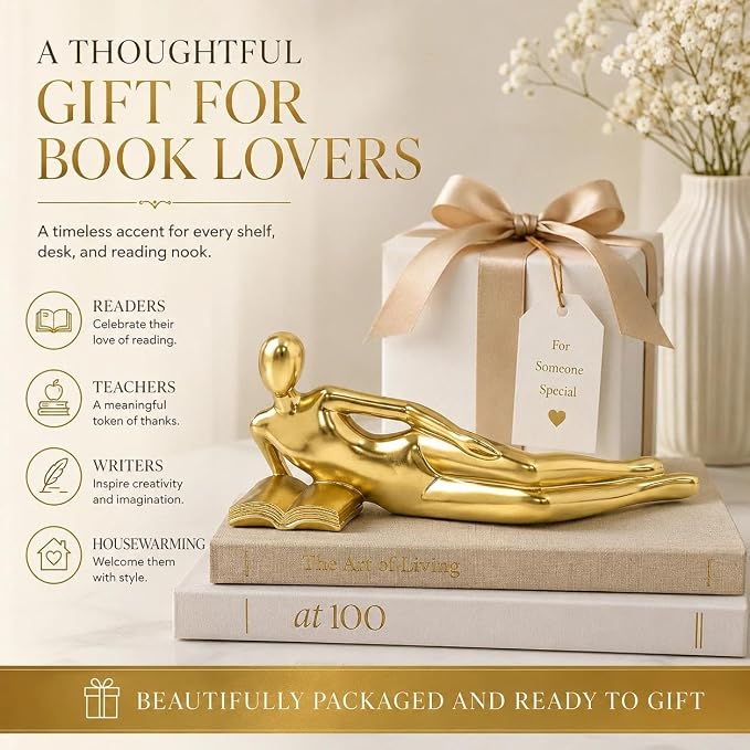 Gold Reading Statue Style D, Abstract Reader Figurine, Resin Book Decor - Image 5