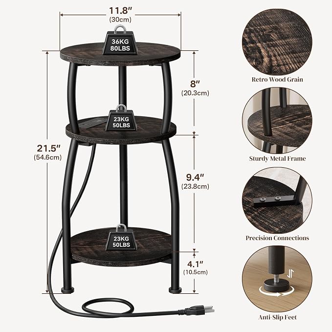 Round Side Table with Power Outlet & USB Ports, 3-Tier End Table with Storage - Image 3
