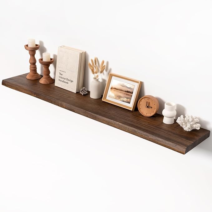 Live Edge Floating Shelf 55 Inch, 9.3" Deep Extra Thick 1.4" Solid Elm Wood by Unknown