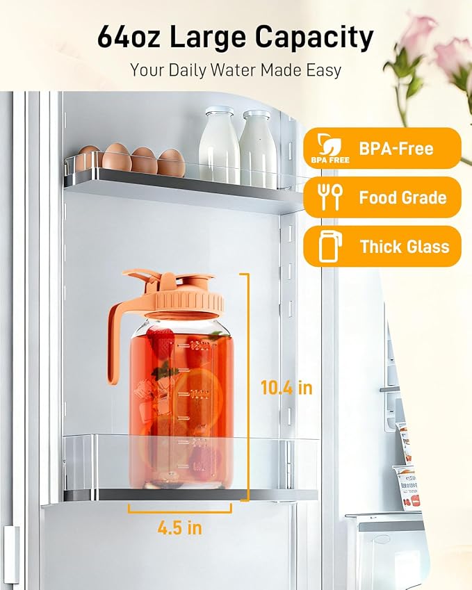 64 oz Glass Pitcher with Lid, Large Wide Mouth Mason Jar with Pour Spout - Image 2
