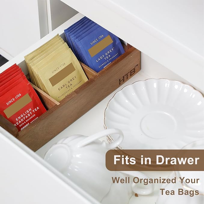 HTB Small Wooden Tea Bag Box 2PCS, 3 Compartments Acacia Wood Tea Bag Chest - Image 8