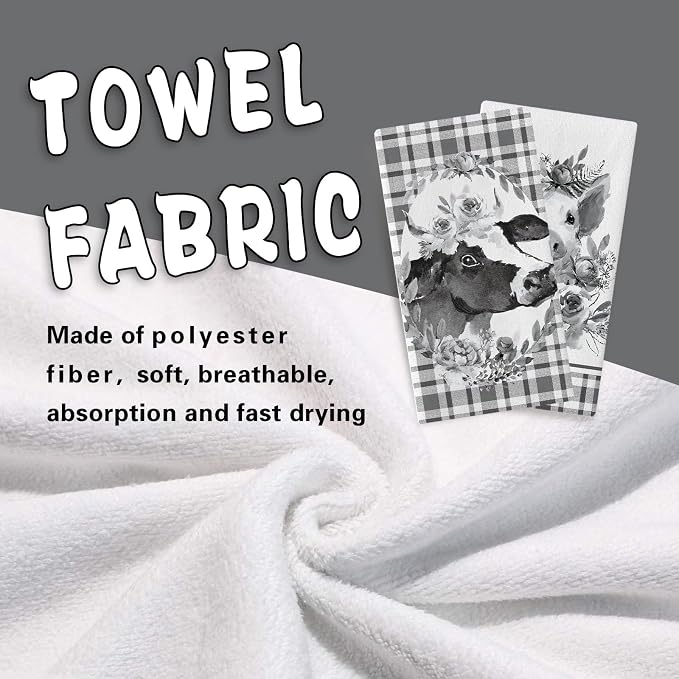 Farm Animal Kitchen Dish Towels Set of 2, Farmhouse Pig Cow Black White Buffalo - Image 4