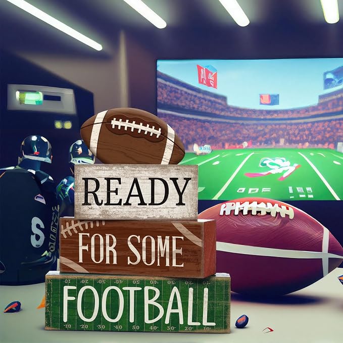 Yuntau 4 Pcs Football Fall Table Decoration Happy Football Wooden Block Sign - Image 4