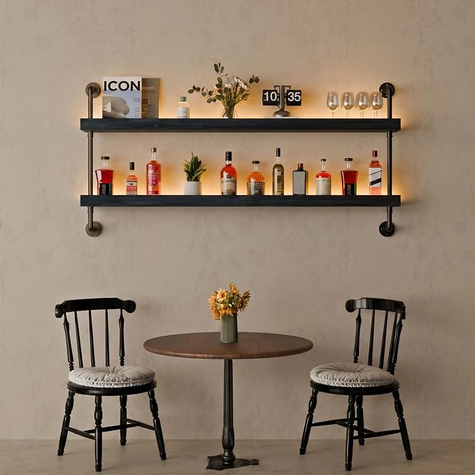 Wall Mounted Wine Rack with LED Light, LED Industrial Pipe Liquor Bar Shelves - Image 8