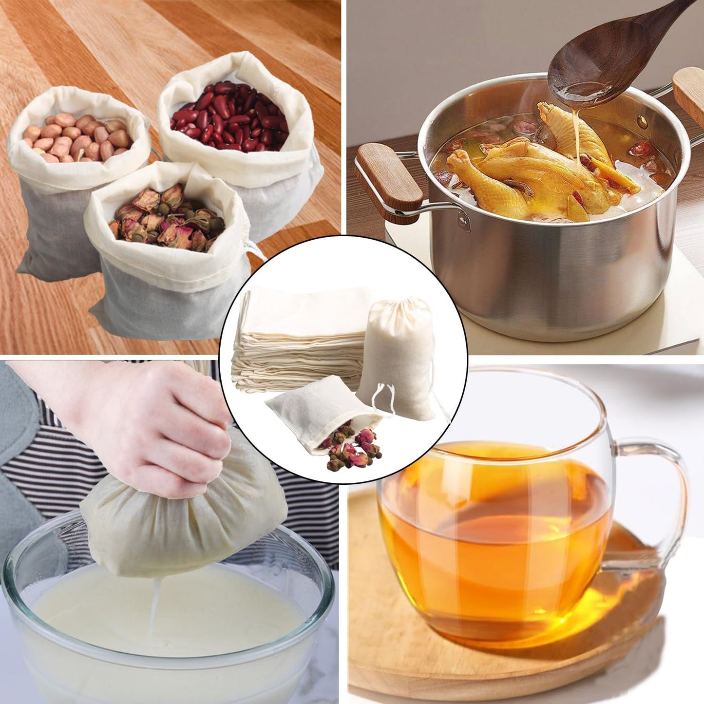 Eketirry Spice Bags, 10pcs Reusable Empty Tea Bags, Muslin Strainer Bags, Soup Bags for Cooking, Natural Cotton Fine Mesh Cheesecloth Bags for Cold Brew Coffee(3 x4" &4 x6")