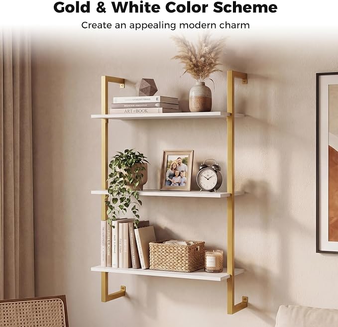 Giantex 3-Tier Wall-Mounted Bookshelf Set of 2, Modern Floating Storage Display - Image 4