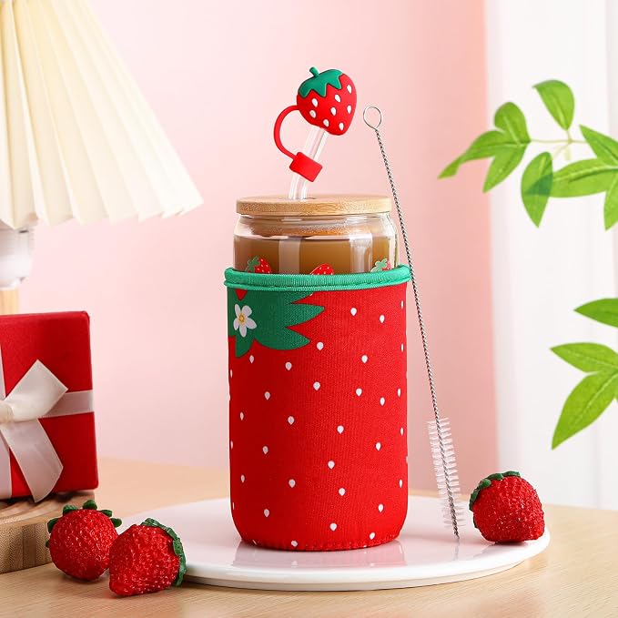 Reallnaive Strawberries Gifts for Women 16 oz Aesthetic Iced Coffee Cup Glass - Image 4