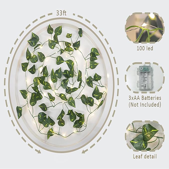 Vine with Fairy Lights, 33ft 100 LEDs Vine Lights Pothos Battery Operated - Image 5