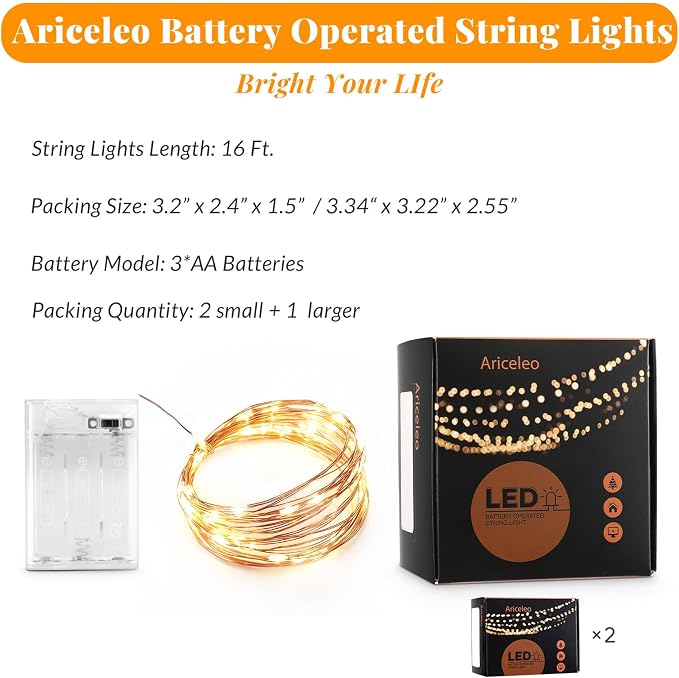 Ariceleo Led Fairy Lights Battery Operated, 2 Packs Mini Battery Powered Copper - Image 4