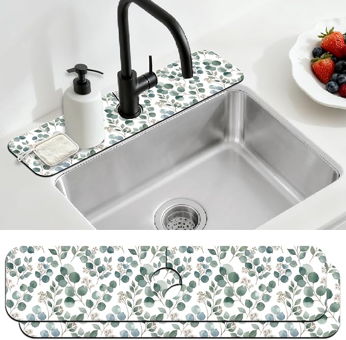 2 Pcs Kitchen Sink Splash Guard Faucet Mat Green Leaves Pattern Faucet Mat by CONCHLERY%E6%97%97%E8%88%B0%E5%BA%97