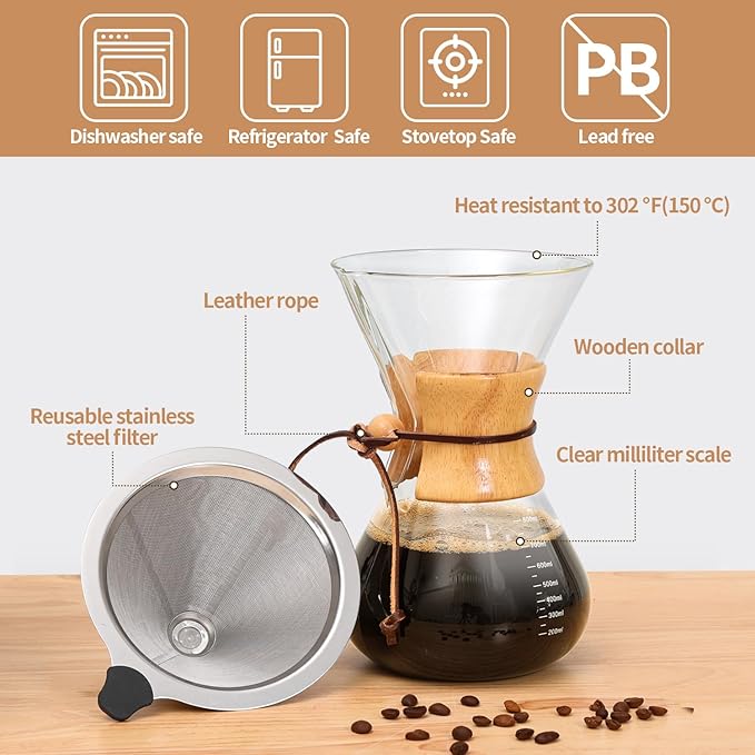 Pour Over Coffee Maker 27 OZ, 8 Cup Borosilicate Glass Drip Coffee Maker - Image 5