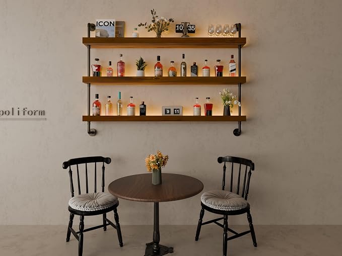 Wall Mounted Wine Rack with LED Light, LED Industrial Pipe Wine Shelf, 3-Tier - Image 9