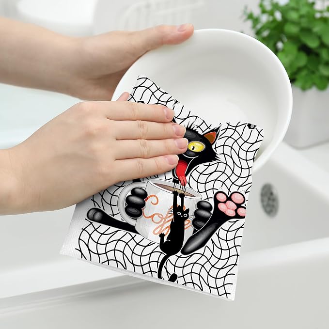 Coffee Cute Cat Kitchen Dish Towels Set of 2 Funny Hand Towels Soft Absorbent - Image 3