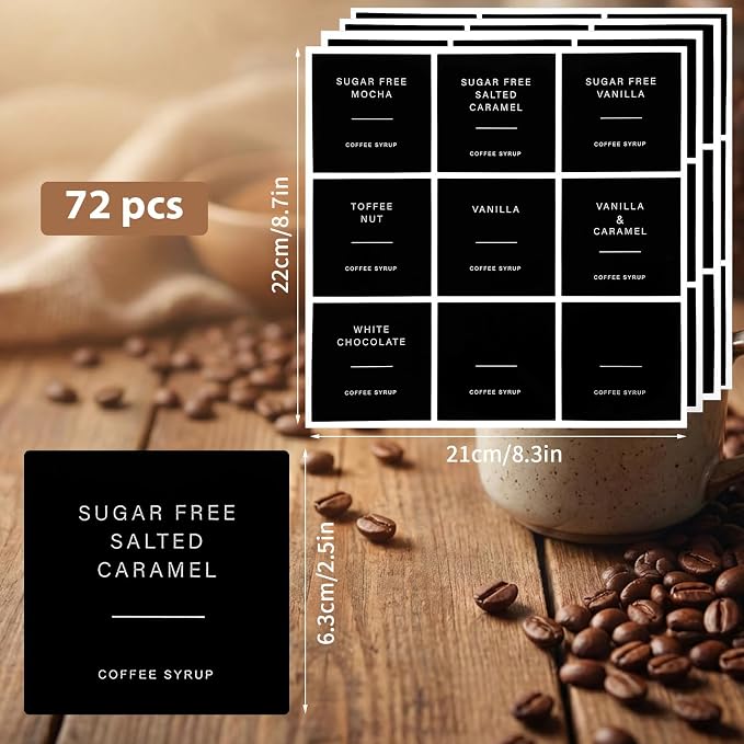 72 PCS Coffee Syrup Labels, Preprinted Waterproof Vinyl Syrup Labels - Image 2