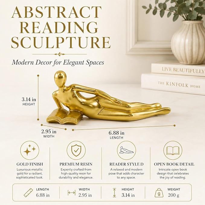Gold Reading Statue Style D, Abstract Reader Figurine, Resin Book Decor - Image 2