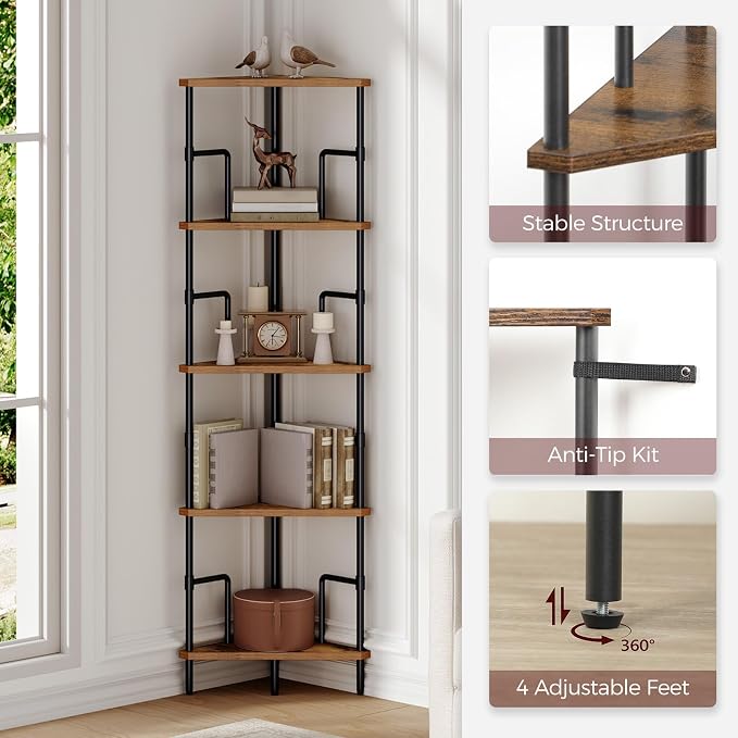 MAHANCRIS 52.8" Corner Shelf, 5-Tier Industrial Corner Bookshelf - Image 3