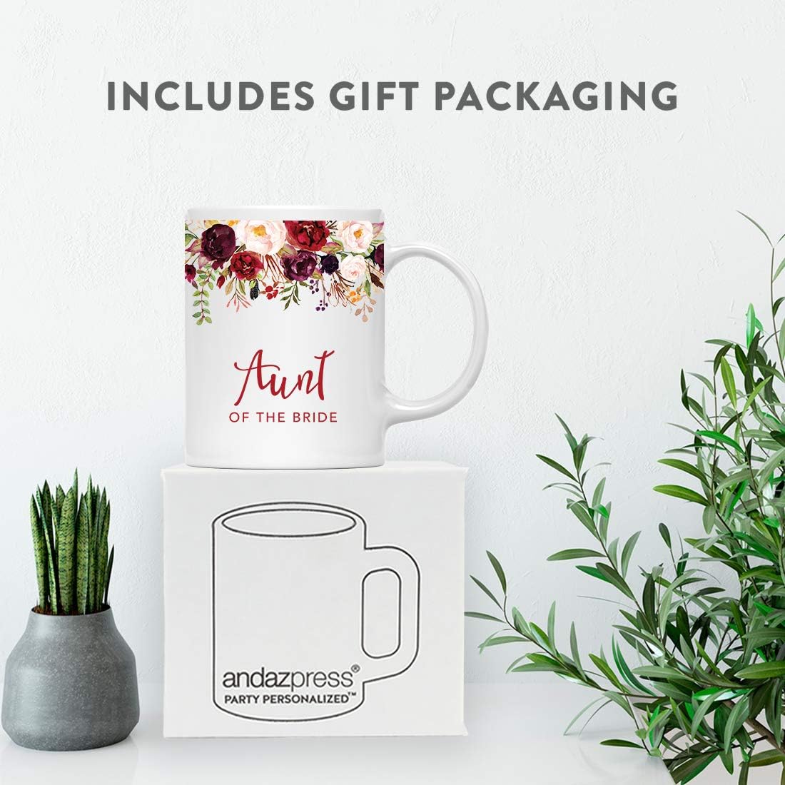 Andaz Press 11oz. Wedding Ceramic Coffee Tea Mug Gift, Fall Autumn Marsala Burgundy Flowers Roses Florals, Aunt of the Bride, 1-Pack, Includes Gift Box