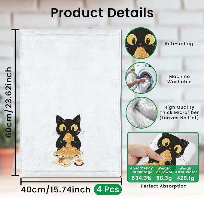 CUTHOLLOW Japanese Style Black Cat Decorative Kitchen Towels Set of 4, - Image 2