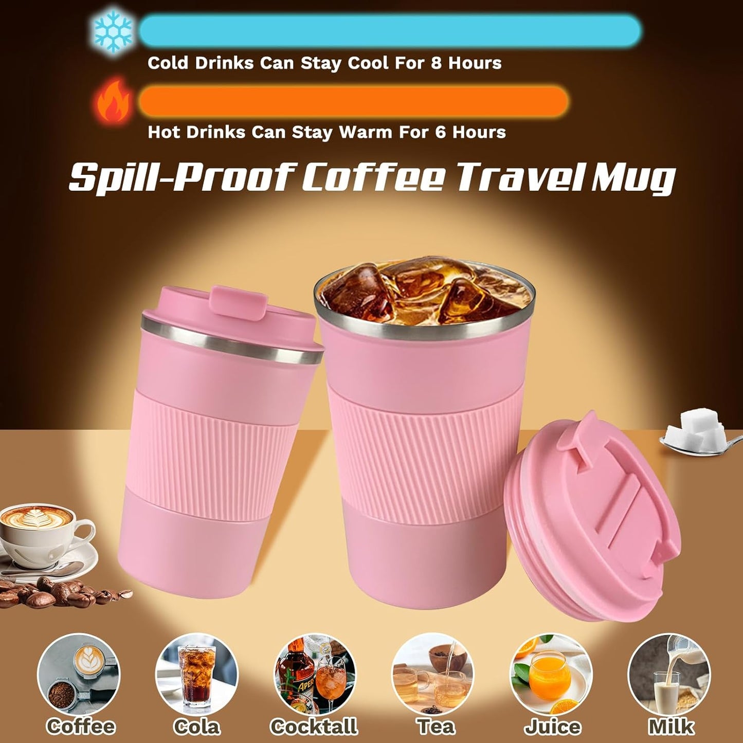 Vacuum-Insulated Stainless Steel Travel Coffee Mug, Leak-Proof Reusable Coffee Cup with Lid - Keep Hot & Cold Drinks for Hours, Durable Thermos Tumbler for Men & Women (3rd-Pink, 12OZ)
