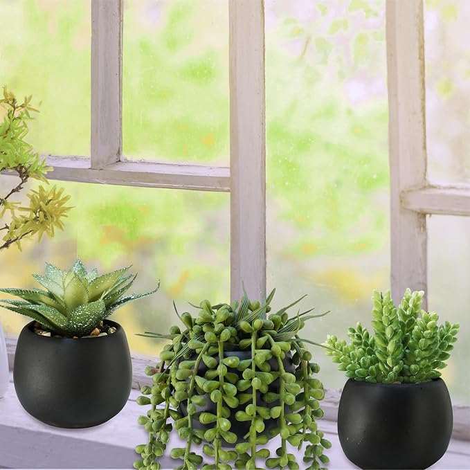 Winlyn Set of 3 Artificial Succulents Plants in Black Cement Planters Faux - Image 4