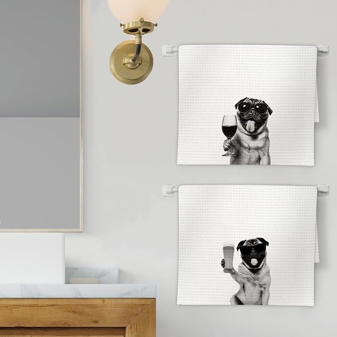 Gifts for Pug Dog Wine Lovers Kitchen Towels Set of 2, Pug Gifts Wine - Image 2