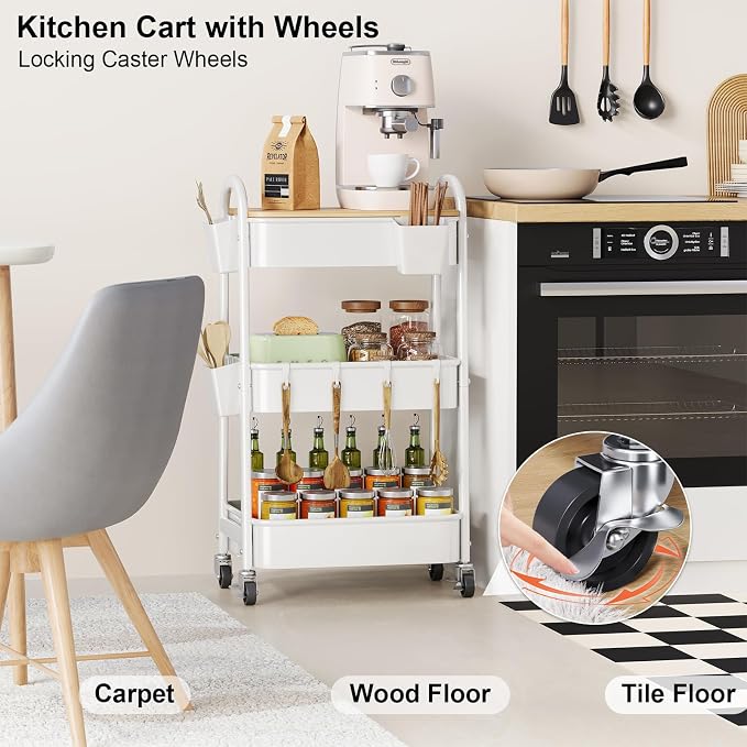 3 Tier Rolling Cart Metal with Wheels and Bamboo Table Top, Art Cart Organizer - Image 5