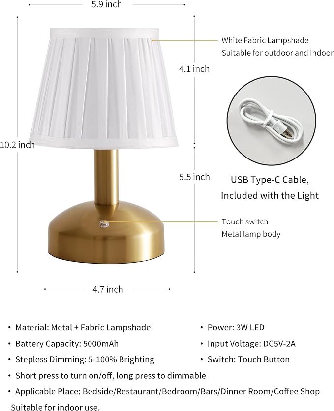 KDG Modern Cordless Small Table Lamp, Portable LED Fabric Shade Desk Lamps - Image 6