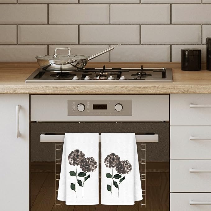 Black Hydrangea Flowers Floral Kitchen Towels Set of 2, Hydrangea Decorative - Image 2
