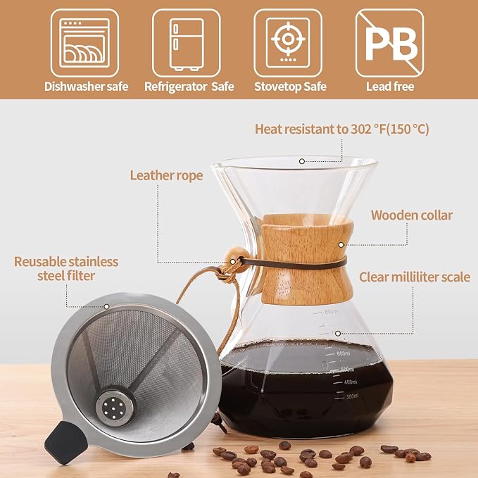 Pour Over Coffee Maker 27 OZ, 8 Cup Borosilicate Glass Drip Coffee Maker - Image 6