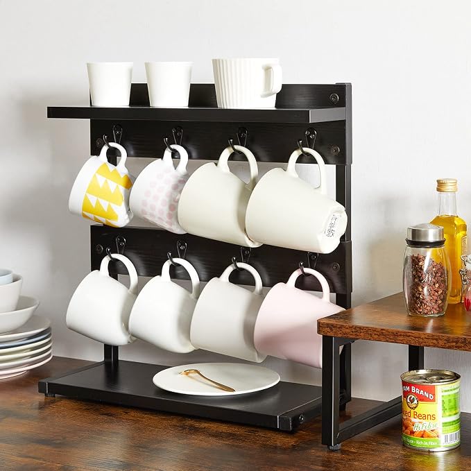 IBUYKE Rustic Coffee Mug Holder Stand, 2 Tier Countertop Mug Tree Holder Rack - Image 2