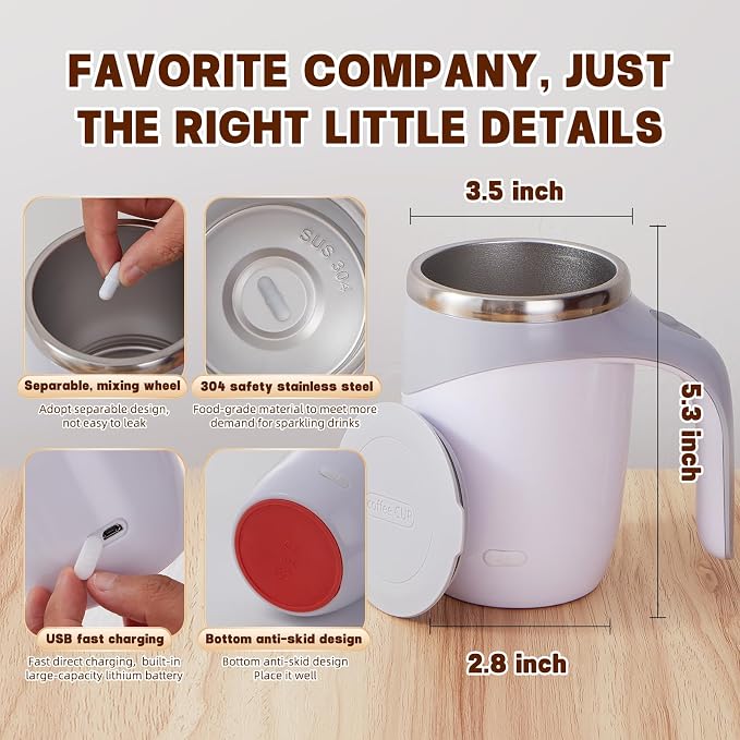 Rechargeable Automatic Stirring Coffee Mug, Stainless Steel Electric White | - Image 4