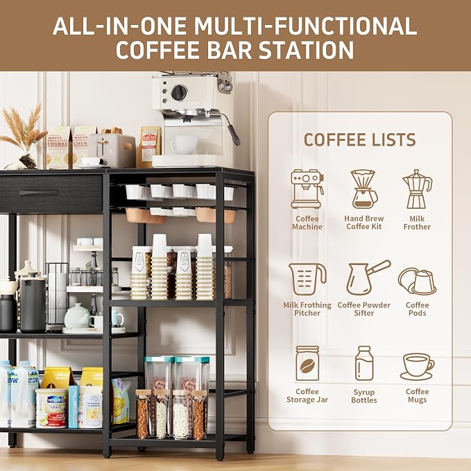 Coffee Bar with Integrated Storage, 5-Tier Coffee Bar Cabinet with Drawers - Image 4