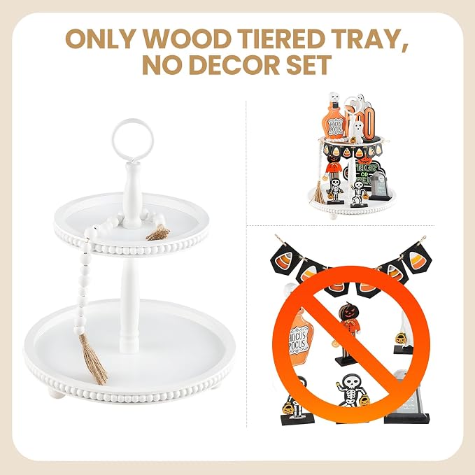 Beaded Tiered Tray Stand, Rustic Wooden 2 Tier Decorative Tray - Image 5