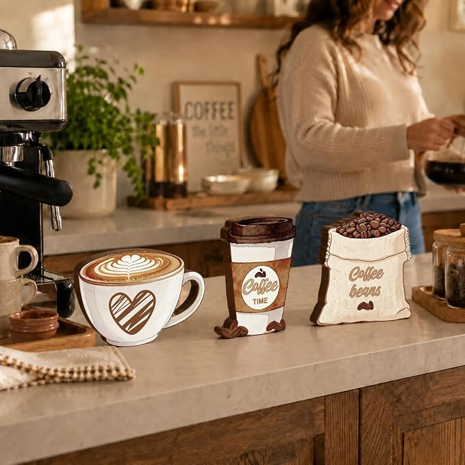 3Pcs Coffee Wooden Tabletop Decor, Coffee Bar Accessories, Rustic Farmhouse - Image 4