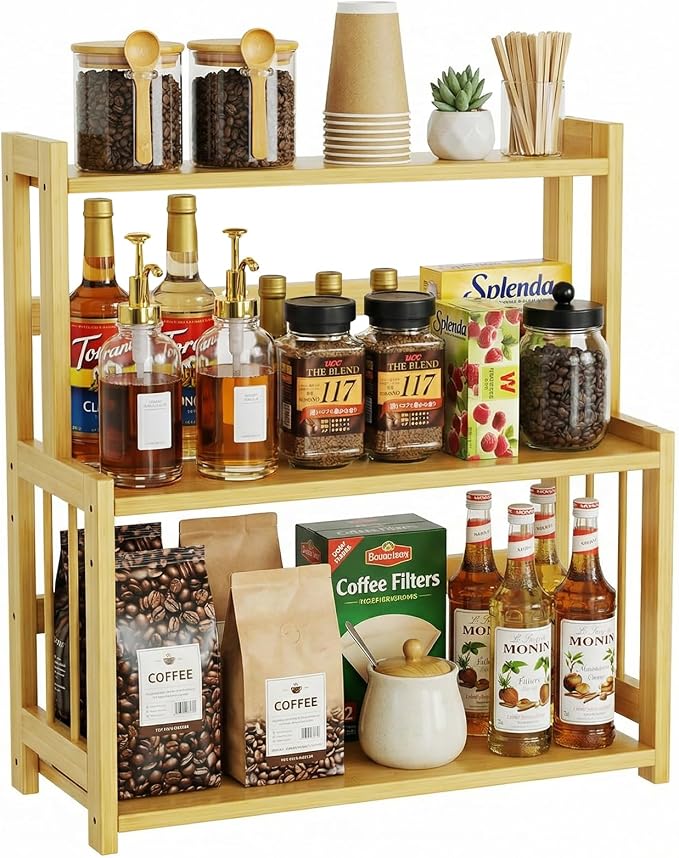 Countertop Coffee Station Organizer, 3 Tier Bamboo Shelf by BAMBITION