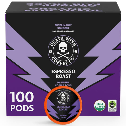 Death Wish Coffee - Single Serve Pods - Dark Roast Coffee Pods - Made with USDA Certified Organic (Espresso Roast, 100 Count)