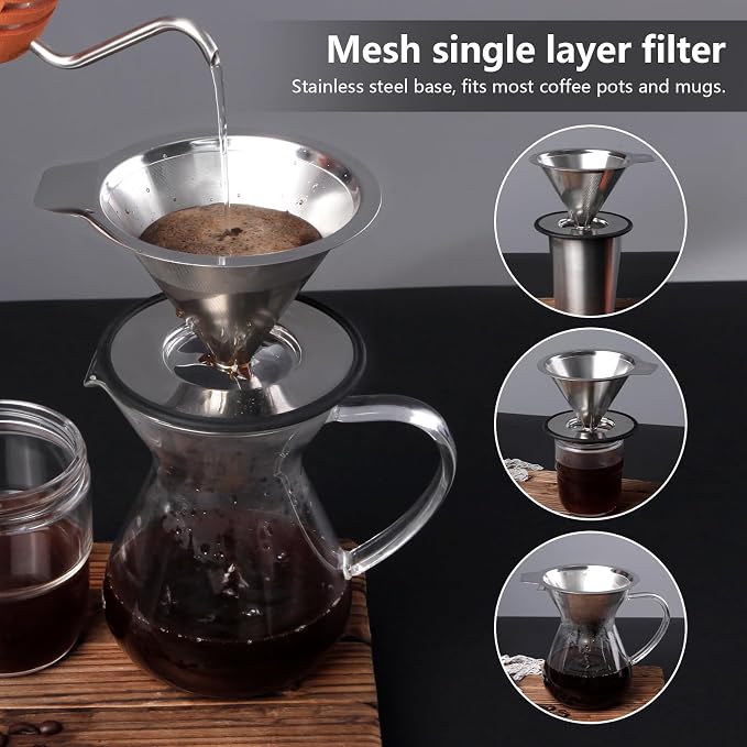 LHS Pour Over Coffee Dripper Reusable Coffee Filter Metal Cone Filter Paperless - Image 5