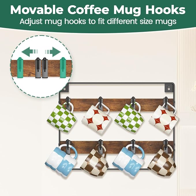 EsLuker.ly Mug Holder Hanger Rack Wall Mounted Wooden 2 Pack Coffee Cup Storage - Image 2