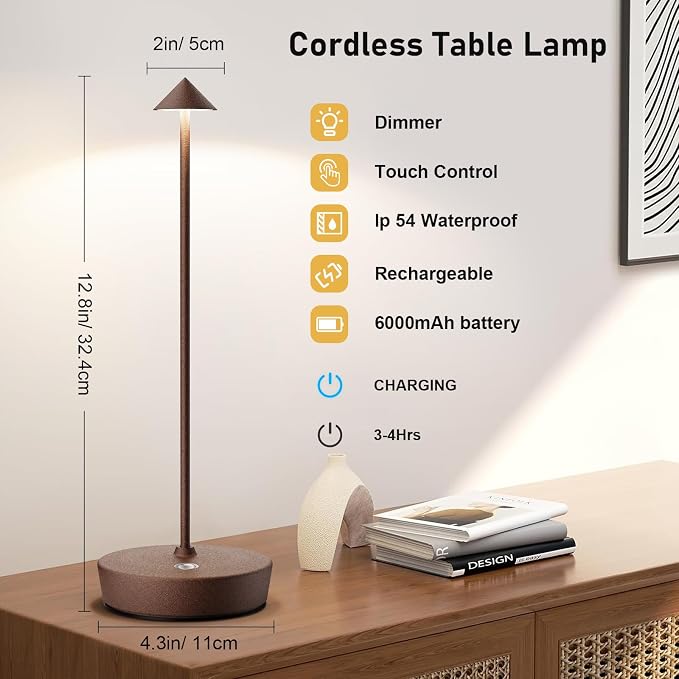 Set of 2 Rechargeable Cordless Table Lamp, 6000mAh LED Battery Operated Desk - Image 3