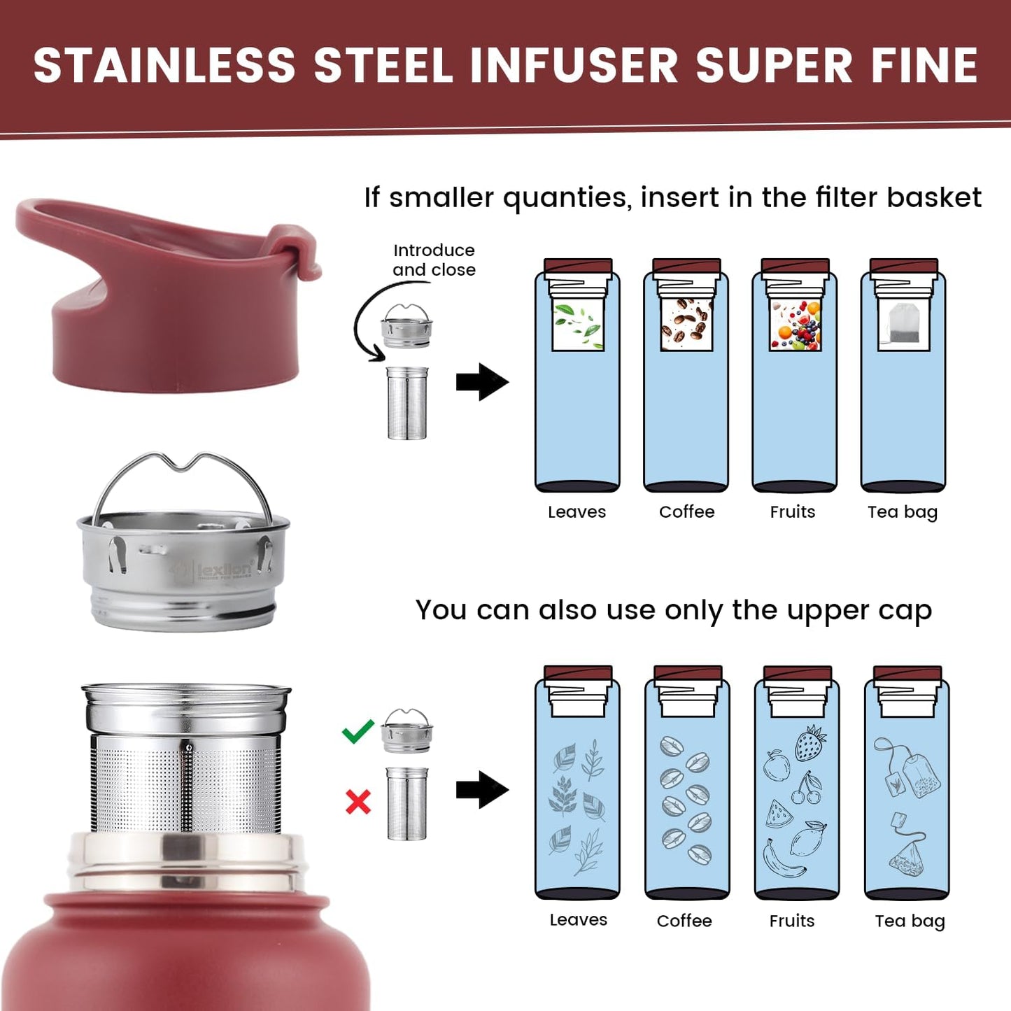 Lexlion 32 Oz Triple Walled Insulated Stainless Steel Fruit Infuser Water Bottle, 100% Leakproof, 3 Lids, Infuser, Silicone Sleeve, Metal Mug Gallon